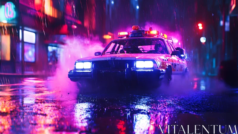 Neon-soaked police sedan under volumetric rain lighting.