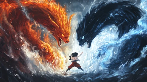 Warrior confronts colossal fire and water dragon spirits