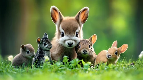 High-depth digital render shows five stylized baby rabbits in grass