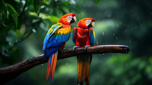 Two Vibrant Macaws Perched on Branch in Rainforest, Photorealistic Style.