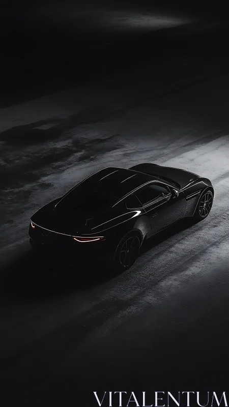 Sleek black sports car parked on dark wet pavement at night.