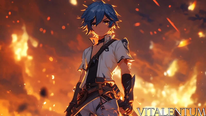 Blue haired anime warrior standing unshaken in molten dusk.