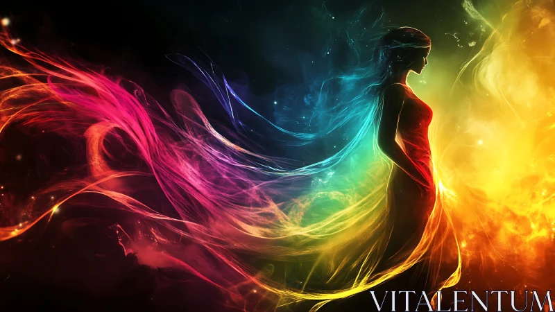 Silhouetted female figure amid multicolored flowing light forms.