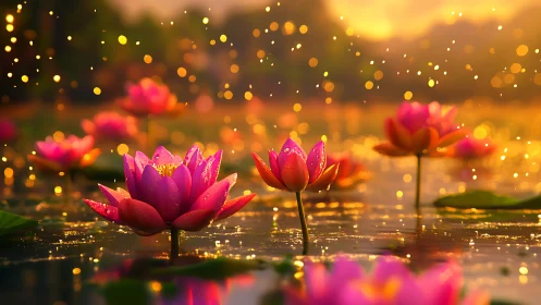 Crimson Water Lilies Suspended in Golden Light and Bokeh