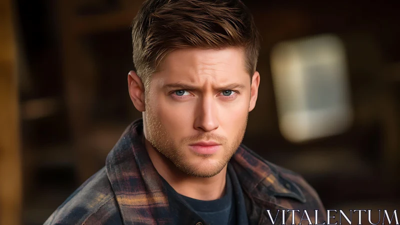 Brooding man in plaid jacket in warmly lit rustic space.