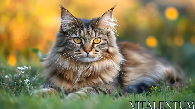 Maine Coon Cat Gazing in Golden Meadow.