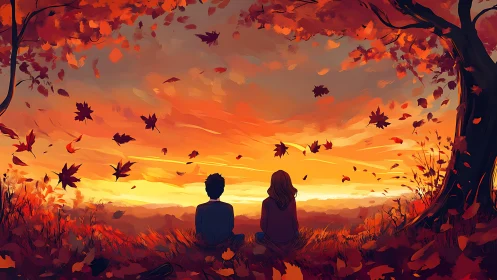 Silhouetted couple observes painterly autumn sunset sky