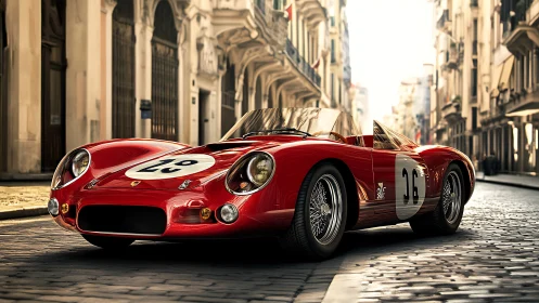 Sunlit red vintage race car gliding through old city streets.