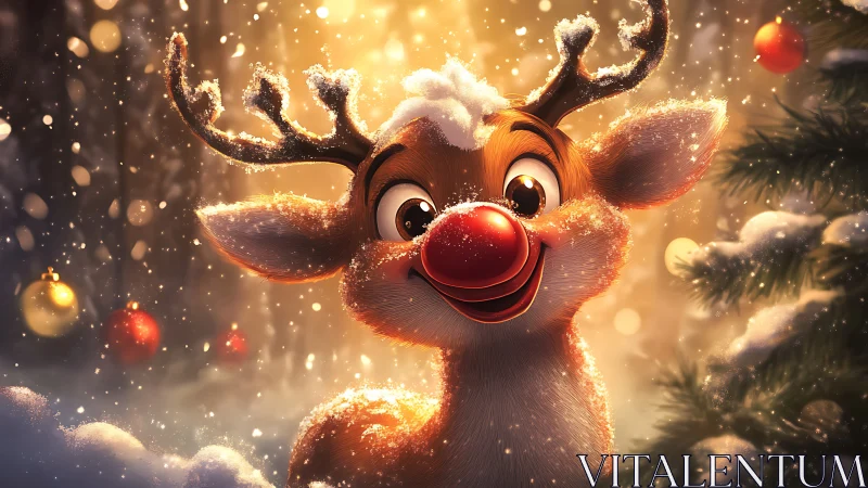 Cartoon reindeer with glowing red nose in golden snowfall.