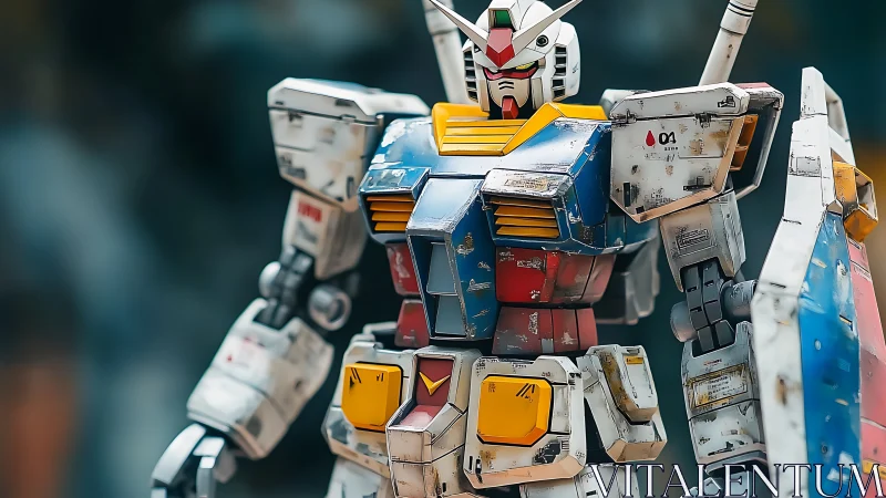 Battle-worn mecha model stands ready in dramatic focus
