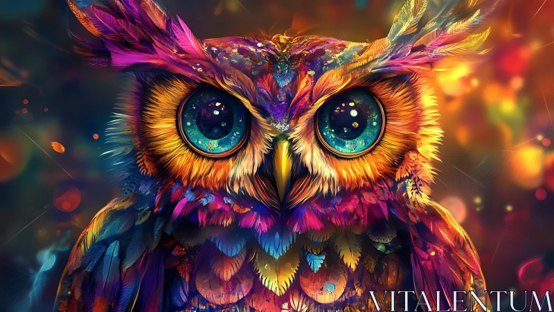 Brilliant night owl painted in kaleidoscope rainbow hues.