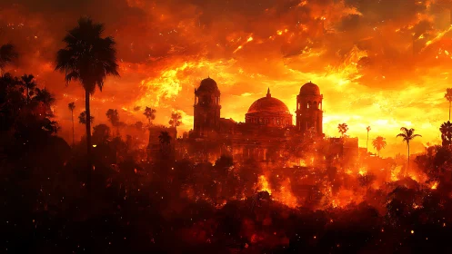 Apocalyptic Cityscape with Dome Cathedral Engulfed in Flames.