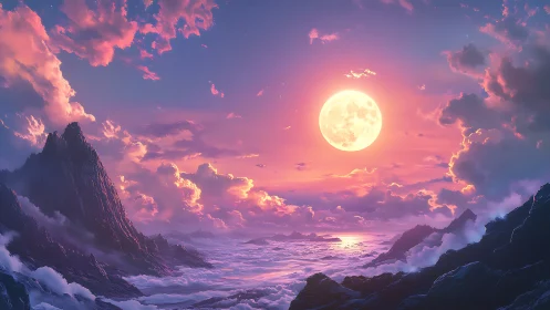 Moonrise Over Cotton Seas and Ember-Tinted Peaks.