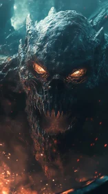 Lava-eyed abyssal demon rising from ember-choked darkness.