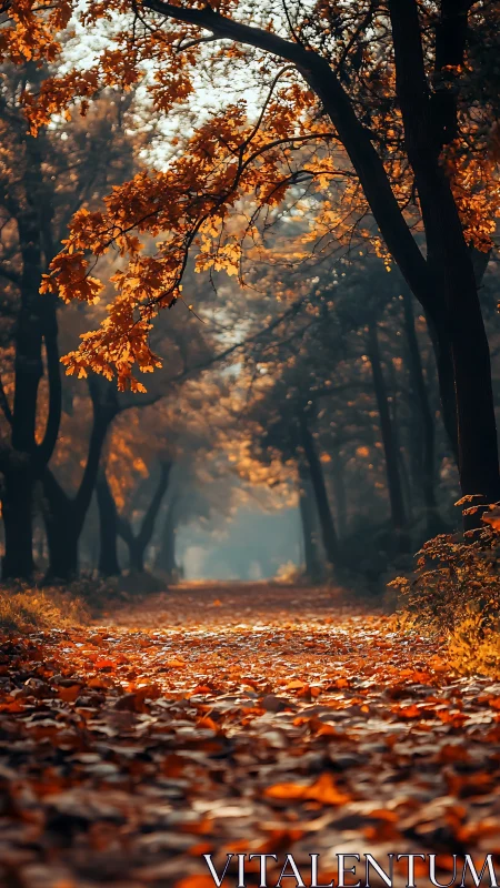 Golden Cathedral: Autumn's Arched Embrace Through Mist.
