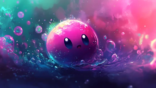 Glowing pink bubble creature drifts through neon dreamscape.