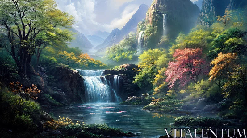 Sunlit mountain waterfall cascades through lush forest valley