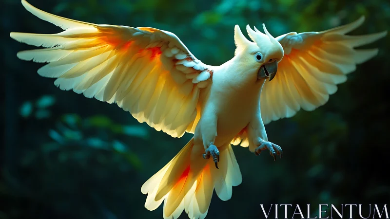 Cockatoo in flight with glowing wings, vibrant forest background.