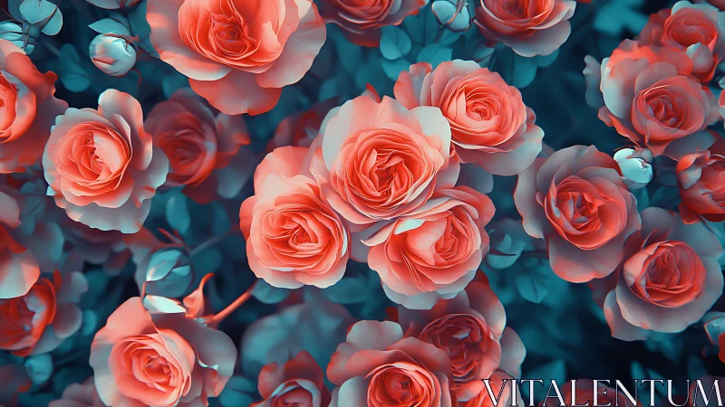 Coral roses with teal foliage in luminous 3D botanical composition.