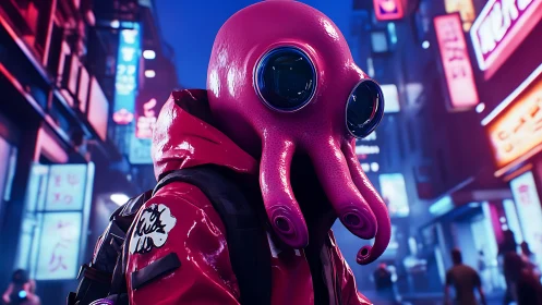 Pink octopus-hooded figure walks neon city street at night