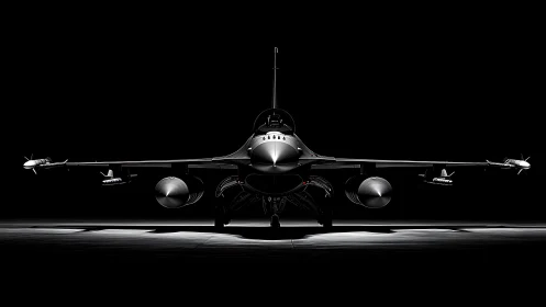 Sleek fighter jet waits in dramatic light on a quiet runway