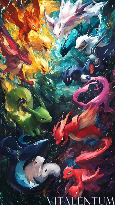 Dynamic elemental creatures in radial chromatic vortex layout.