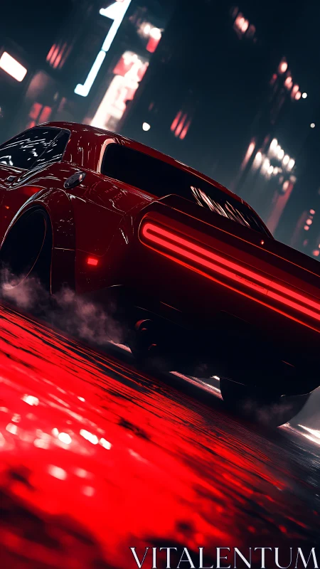 Rear street view of red sports car in neon urban environment.