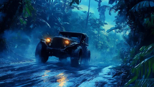 Off-road jeep powers through misty neon jungle trail.