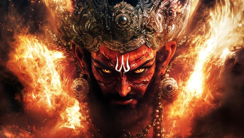 Mythic fire deity portrait with ornate crown and molten aura