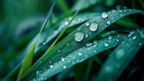 Close-up of water droplets resting on green grass leaves.