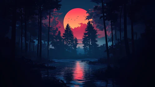 Crimson moon sinks over tranquil forest river at dusk