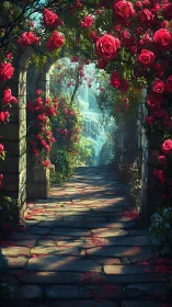 Rose-draped stone path into a secret waterfall garden dream.