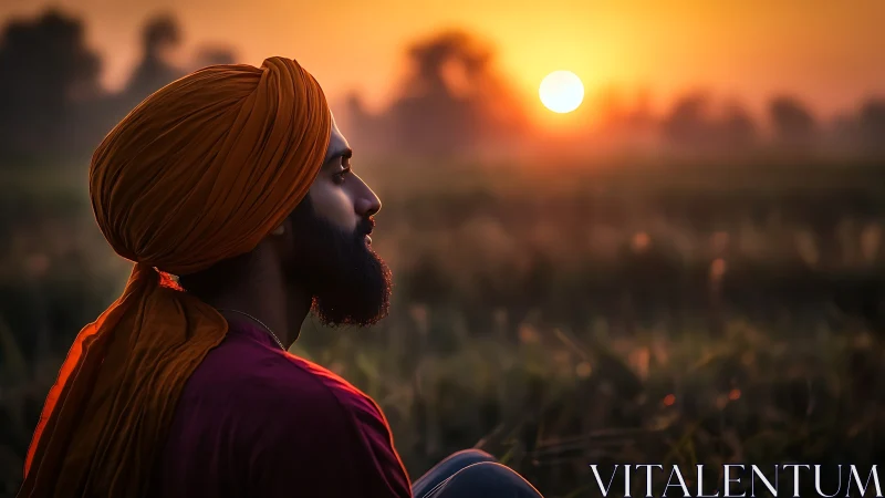 Profile view of turbaned man in rural field at sunset.