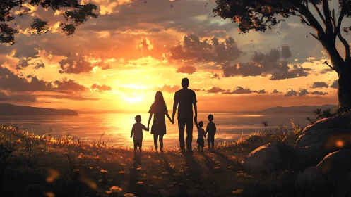 Family enjoying a golden sunset by the peaceful lakeshore.