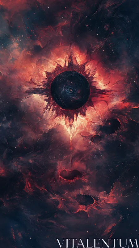 Celestial black sun ignites a swirling crimson nebula sky