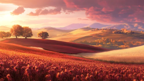 Sunlit rolling hills with red fields and scattered trees.