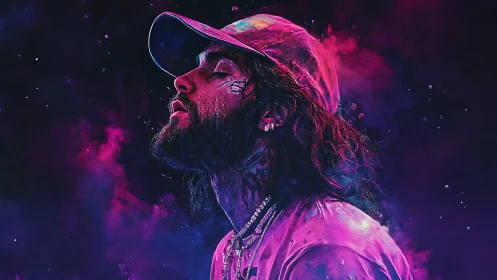 Neon-lit bearded musician in vivid cosmic profile portrait.