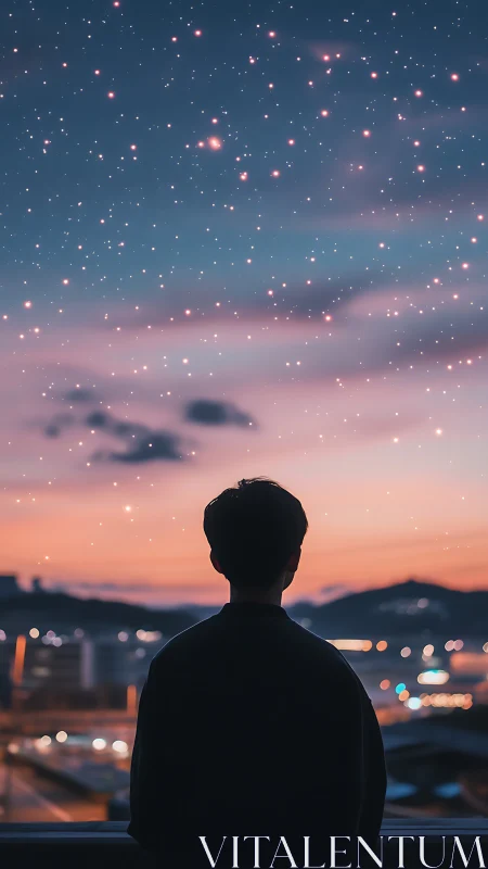 Silhouetted figure studies bokeh city under star-filled dusk sky