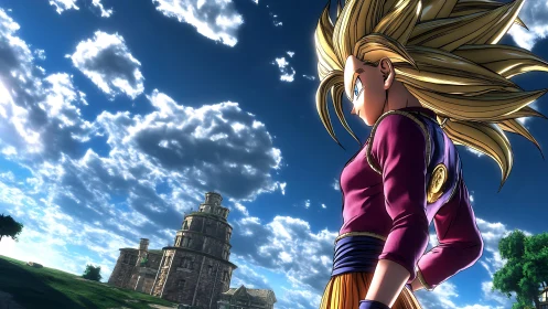 Golden haired anime warrior under vast clouded sky.