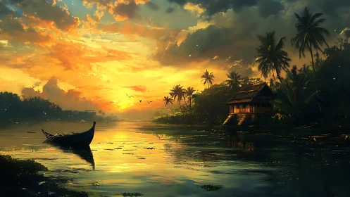 Tropical backwater sunset with lone canoe and stilt hut.