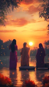 Sunset prayers by the river in gentle glowing silence.