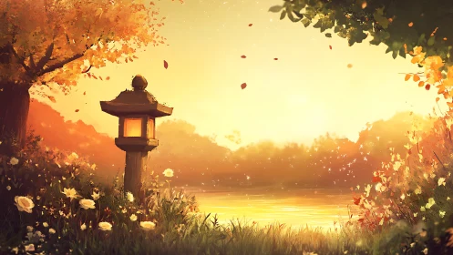 Gentle autumn lantern glows beside a quiet golden river