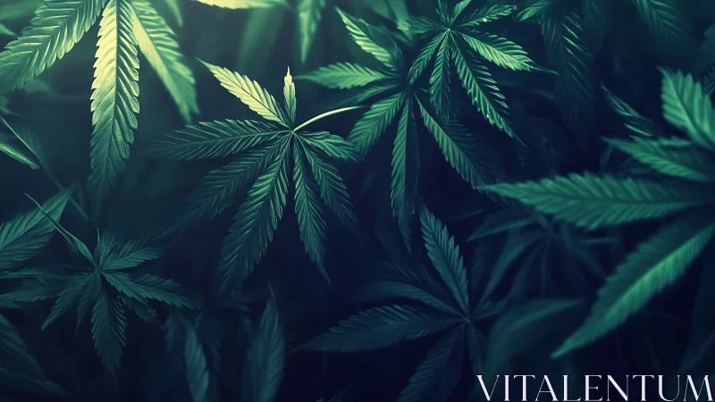 Moody emerald leaves drifting through quiet twilight green.