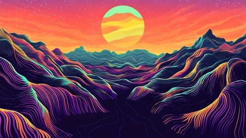 Radiant neon mountains glowing beneath a dreamy cosmic sun.