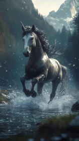 Unicorn running through a cold mountain stream at dusk.