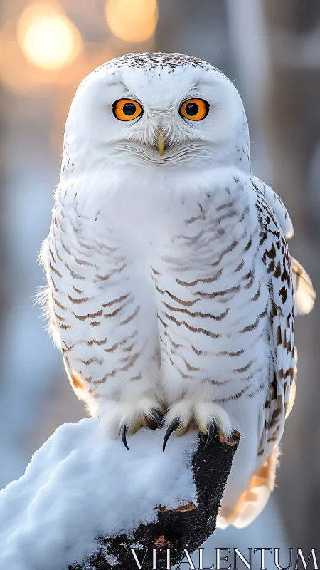 Snowy owl with vivid amber eyes on frosted branch.