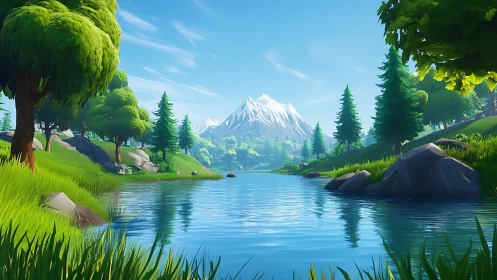 Stylized alpine river valley with conifer forest and snow peak.