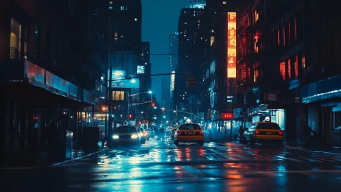 Nighttime city street scene shows taxis on wet roadway