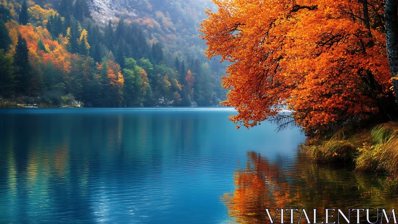 Bright orange autumn tree over calm blue mountain lake