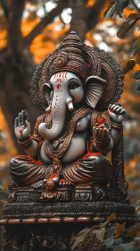 Ganesh idol sits in ornate bronze shrine amid warm bokeh